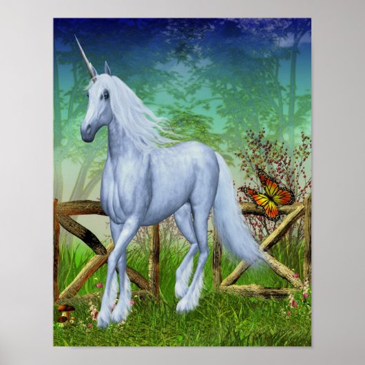 White Unicorn Woodland Gate Fantasy Horse Art Poster (Voorkant)