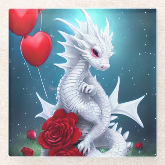 White Valentijn Love Dragon Glazen Onderzetter (Voorkant)