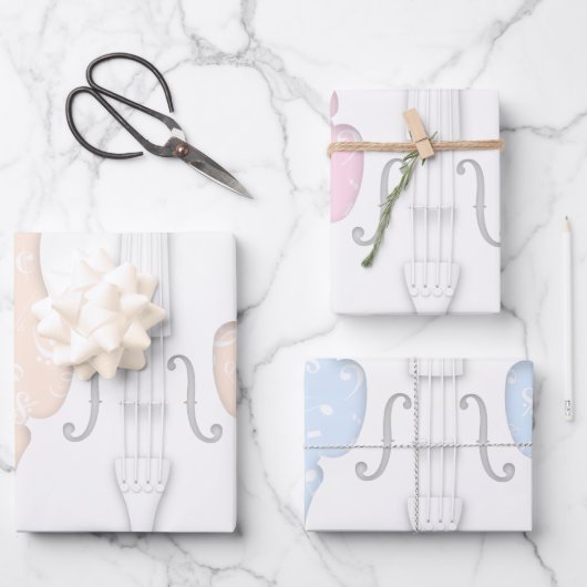 White Violin & Music Symbols Peach roze blauw Inpakpapier Vel (Voorkant)