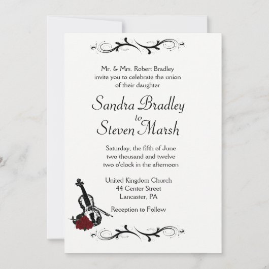 White Violin Music Wedding Invitation 5" x 7" Kaart (Voorkant)