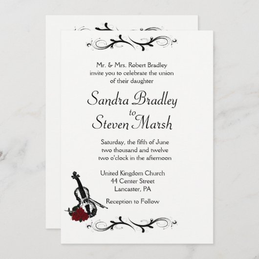 White Violin Music Wedding Invitation 5" x 7" Kaart (Voorkant / Achterkant)
