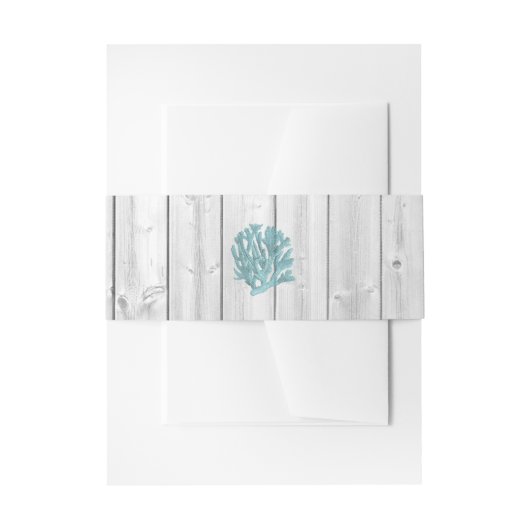 White Washing Wood Blauwgroen Koral Beach Wedding Uitnodigingen Wikkel (Voorkant Voorbeeld)