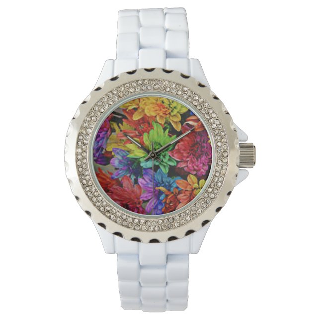 White Watch met meerkleurige Flowers Horloge (Voorkant)