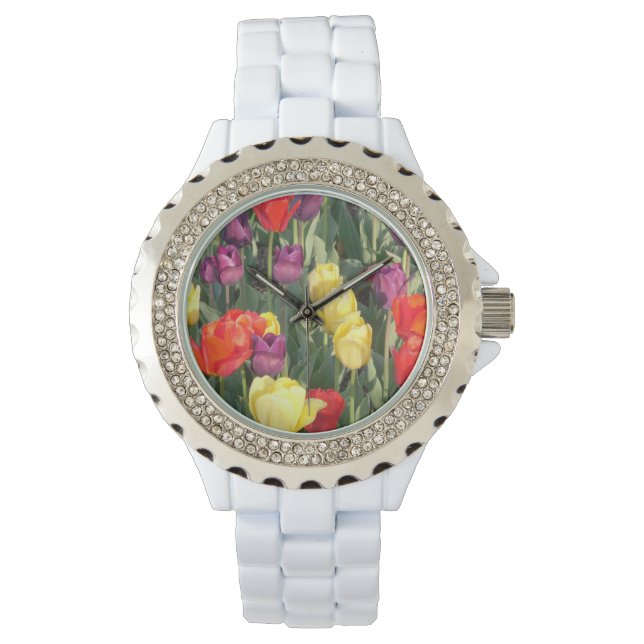 White Watch met meerkleurige Tulips Horloge (Voorkant)