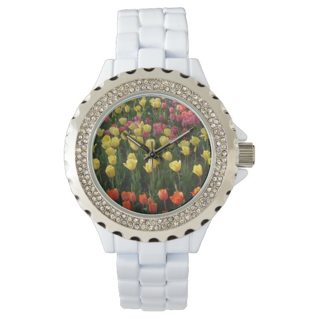 White Watch met meerkleurige tulpen Horloge (Voorkant)
