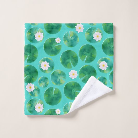 White Water Lily Flowers & Lily Pad Pattern Bad Handdoek (Wasdoekje)