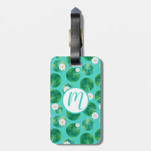 White Water Lily Flowers & Lily Pad Pattern Bagagelabel (Achterkant verticaal)