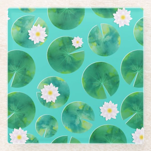 White Water Lily Flowers & Lily Pad Pattern Glazen Onderzetter (Voorkant)