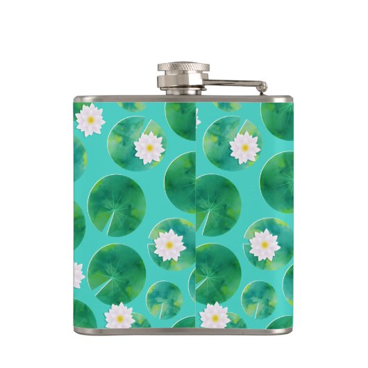 White Water Lily Flowers & Lily Pad Pattern Heupfles (Achterkant)