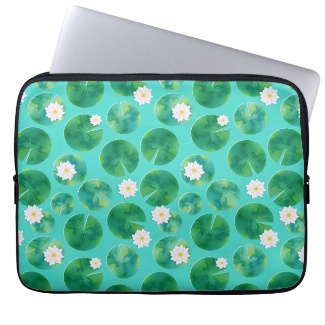 White Water Lily Flowers & Lily Pad Pattern Laptop Sleeve (Voorkant)