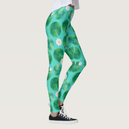 White Water Lily Flowers & Lily Pad Pattern Leggings