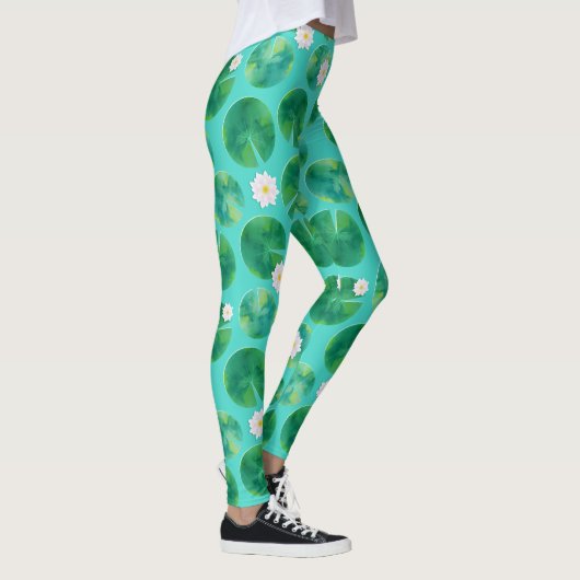 White Water Lily Flowers & Lily Pad Pattern Leggings (Rechts)