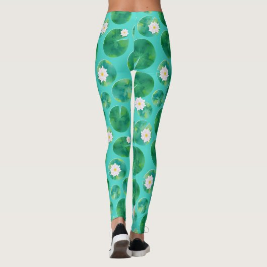 White Water Lily Flowers & Lily Pad Pattern Leggings (Achterkant)