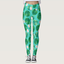 White Water Lily Flowers & Lily Pad Pattern Leggings