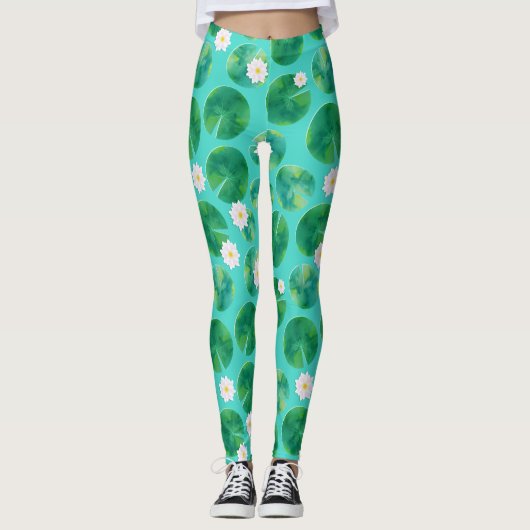 White Water Lily Flowers & Lily Pad Pattern Leggings (Voorkant)