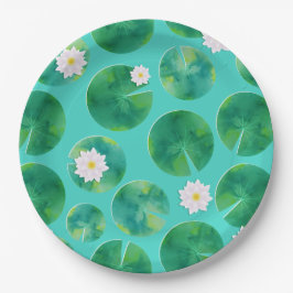 White Water Lily Flowers & Lily Pad Pattern Papieren Bordje