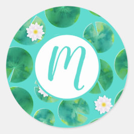 White Water Lily Flowers & Lily Pad Pattern Ronde Sticker