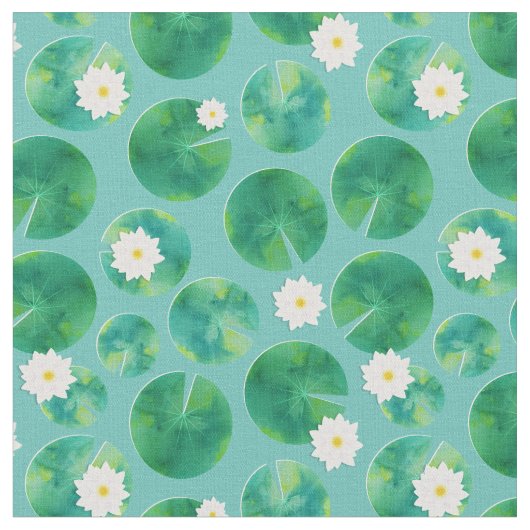 White Water Lily Flowers & Lily Pad Pattern Stof (Close Up)