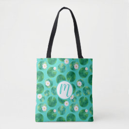 White Water Lily Flowers & Lily Pad Pattern Tote Bag