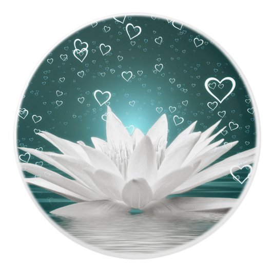 White Water Lily Lotus Flower Hearts Dresser Keramische Knop (Voorkant)