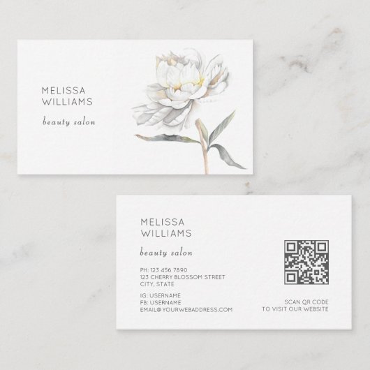 White Watercolor Peony Flower Visitekaartje (Voorkant / Achterkant)