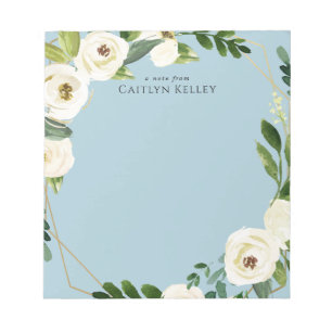 White Waterverf Flowers, Blue Personalized Notitieblok