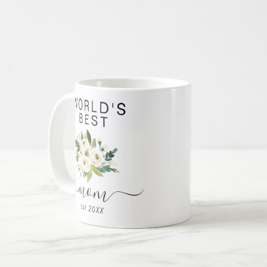 White Waterverf Flowers World's Best Mam Script Koffiemok (Voorkant links)