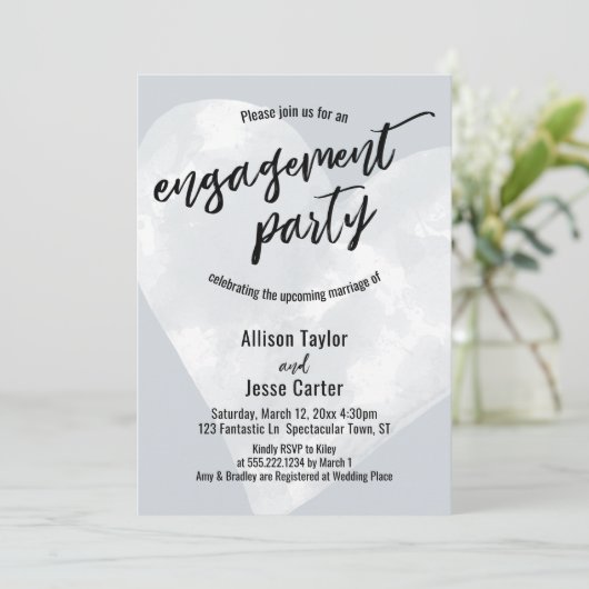 White Waterverf Heart Engagement Party Light Grey Kaart (Staand voorkant)