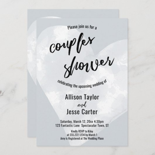 White Waterverf Heart Light Grey Couples Shower Kaart (Voorkant / Achterkant)