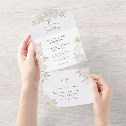 White Waterverf Peony Wedding Invitation All In One Uitnodiging (Afscheurbaar)
