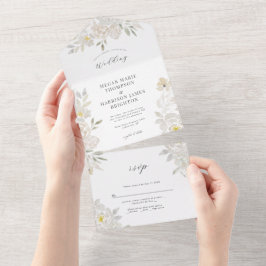 White Waterverf Peony Wedding Invitation All In One Uitnodiging