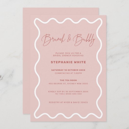 White Wavy Border Brunch en Bubble Invitation Kaart (Voorkant / Achterkant)