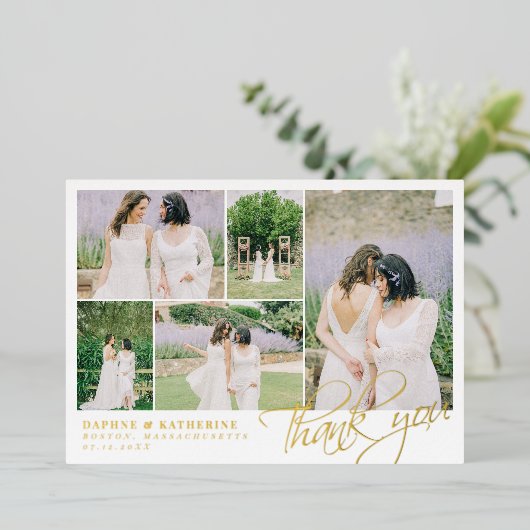 White Weddenfoto Collage Gold Script Hartelijk dan Folie Uitnodiging (Staand Voorkant)