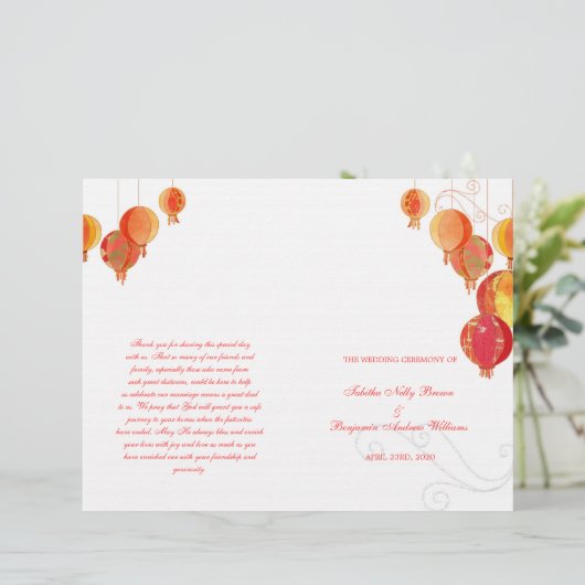 White Wedding Bi Fold Programme Red Paper Lantern (Staand voorkant)