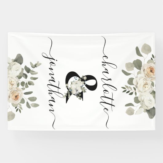 White Wedding Floral Ampersand (&) met namen Spandoek (Horizontaal)