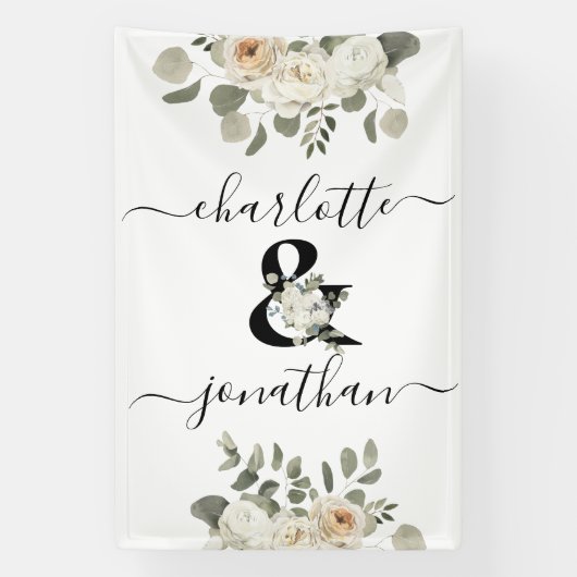 White Wedding Floral Ampersand (&) met namen Spandoek (Verticaal)