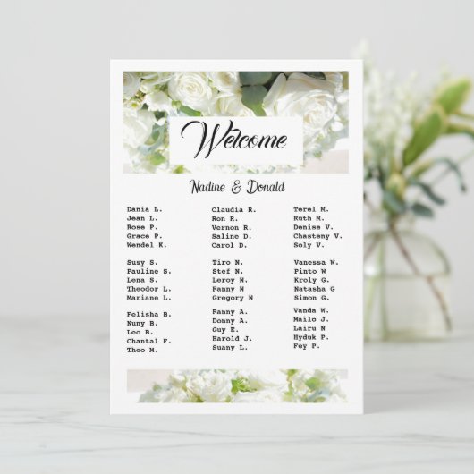 White Wedding Greenery Downloadable Seating Chart Kaart (Staand voorkant)