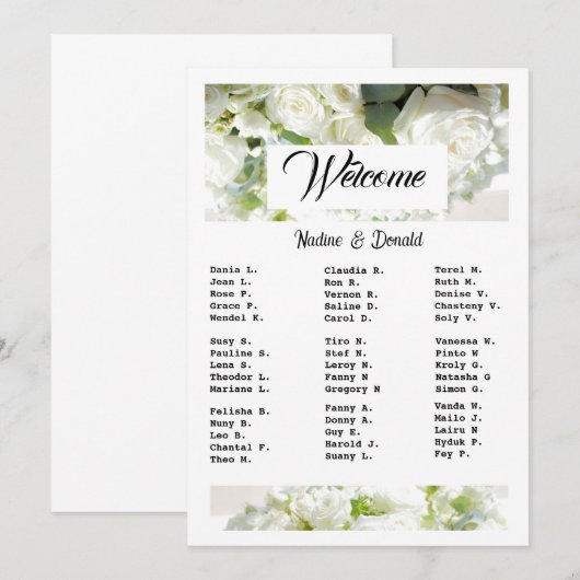 White Wedding Greenery Downloadable Seating Chart Kaart (Voorkant / Achterkant)