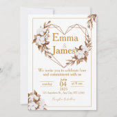 White Wedding Invite with Elegant Heart & Roses Kaart (Voorkant)