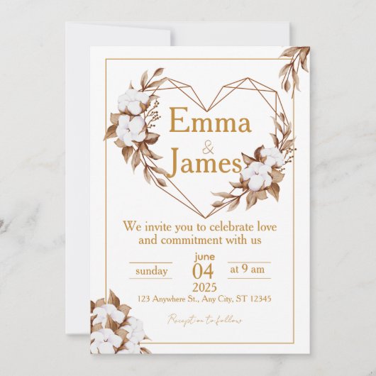 White Wedding Invite with Elegant Heart & Roses Kaart (Voorkant)