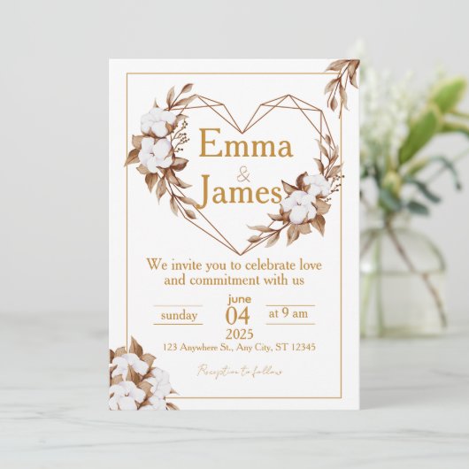 White Wedding Invite with Elegant Heart & Roses Kaart (Staand voorkant)