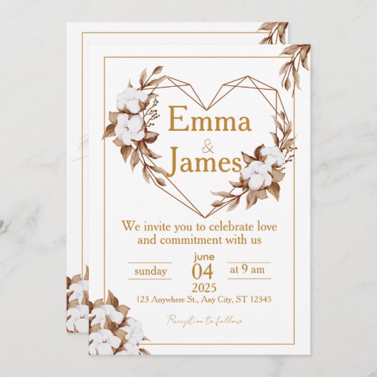 White Wedding Invite with Elegant Heart & Roses Kaart (Voorkant / Achterkant)