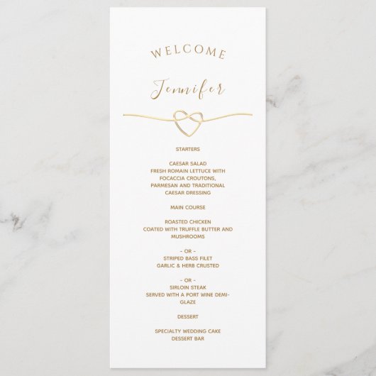 White Wedding Menu met naam en gouden hart (Voorkant)