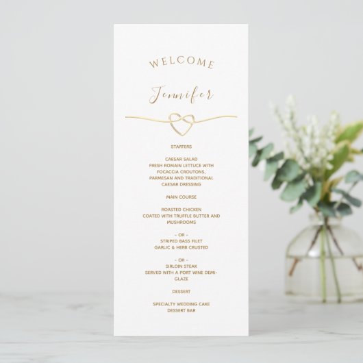White Wedding Menu met naam en gouden hart (Staand voorkant)