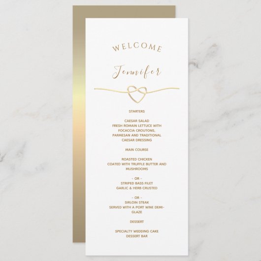 White Wedding Menu met naam en gouden hart (Voorkant / Achterkant)