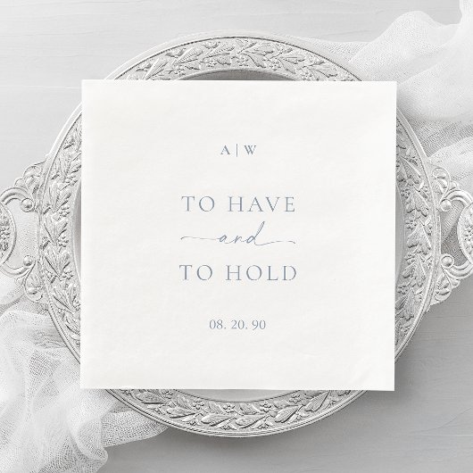 White Wedding Napkin with Dusty Blue Text Servet