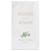 White Wedding Welcome Favor Beige Text Klein Cadeauzakje (Achterkant)