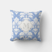 White & Wedgewood Blue Damask Monogrammed Pillow Kussen (Voorkant)