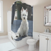 White West Highland Terrier Sitting on Sidewalk Douchegordijn (In situ)