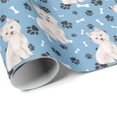 White Westie Dog Pattern on Blue Cadeaupapier (Rol Hoek)